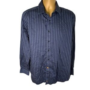 Thomas Dean Vertical Stripe Button-Down Shirt Long Sleeve Navy XL